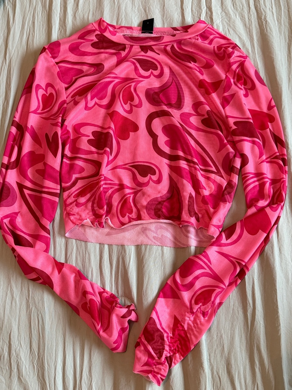 Pink Heart Wave Long-Sleeve Crop Top